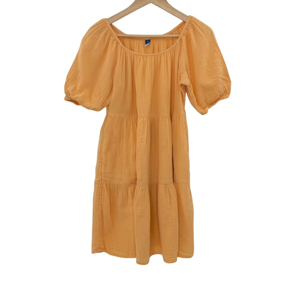 Old Navy Womens Dress Medium‎ Orange Gauze Tiered Puff Sleeve Casual Summer